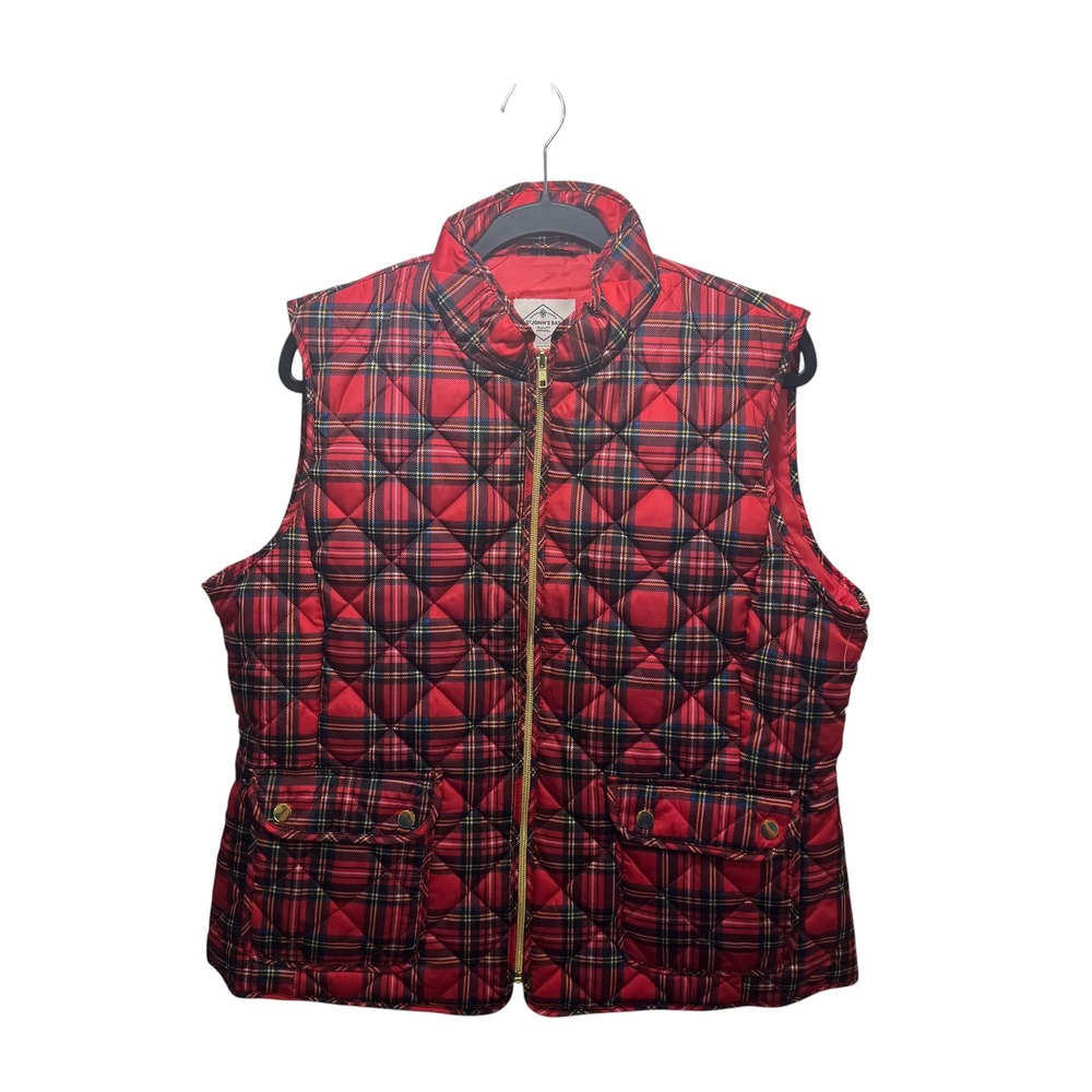 Preppy Holiday Red Tartan Plaid Quilted Puffer Vest Full Zip Gold Hardware XL